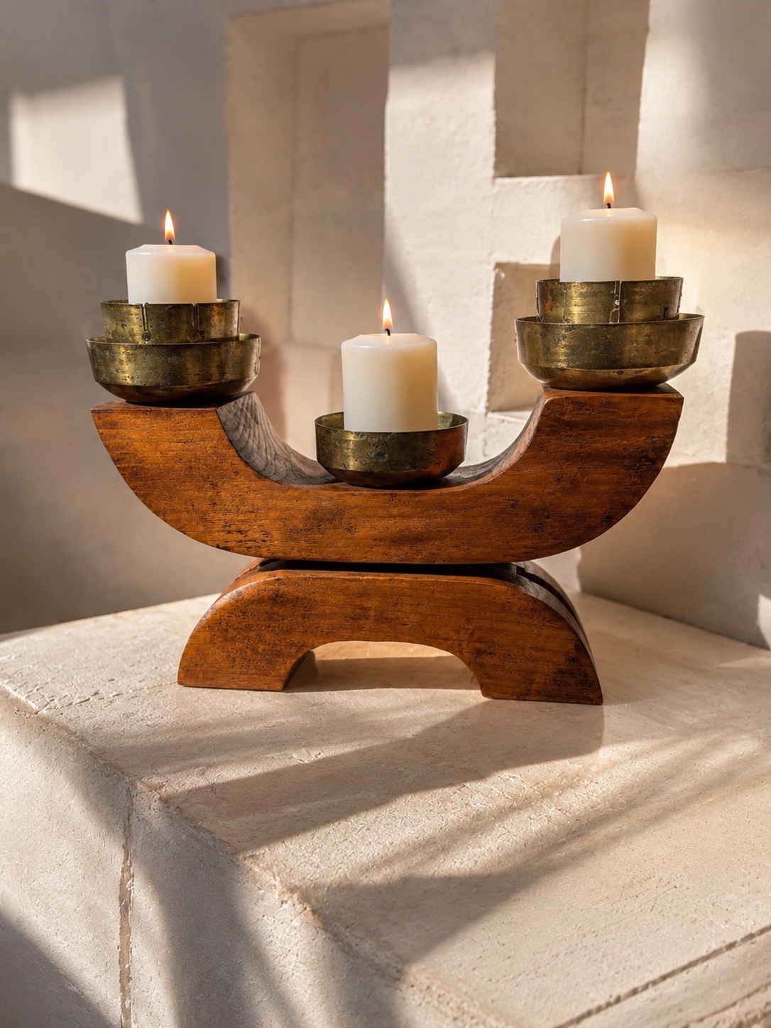 European Art Deco three-flame candle holder in wood and zamak