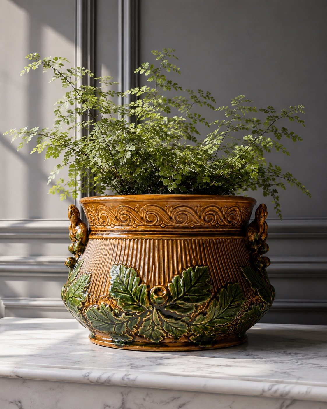 French Barbotine planter with sculptural squirrel handles