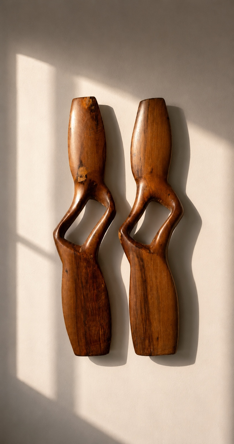 Signed pair of hand-carved biomorphic solid wood wall sculptures